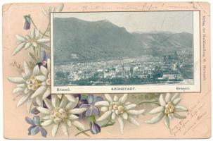 1900 Brassó, Kronstadt, Brasov; látkép. W. Hiemesch kiadása, szecessziós-virágos litho keret / general view. Art Nouveau, floral, litho frame with Edelweiss flowers (EK)