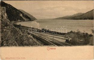 Orsova, vasút a Duna mentén, gőzmozdony, vonat / railway next to the Danube river, train, locomotive (EK)