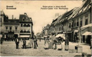 1906 Brassó, Kronstadt, Brasov; Kapu utca a Piactérről, gyógyszertár, H. Zeidner üzlete / street view, market square, pharmacy, shops (EK)