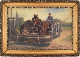 Korpács Lajos (-), működött a XX. sz. első felében: Lovasszekér (itatás). Olaj, karton, jelezve jobbra lent. Kétoldalas mű, hátoldalán táj vázlattal. Dekoratív, kissé sérült fakeretben, 25×39 cm