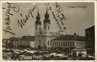 1932 Arad, Piata Catedralei / tér, templom, piac, Werner üzlete / market, square, church, shops. photo (EK)