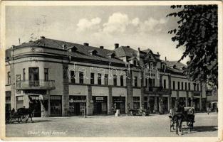 1939 Huszt, Chust, Khust; Hotel Koruna, shops / Korona szálloda, Hygieja, Jenő Rosenberg üzlete, Duna bank, automobil + "Munkács P.U. Levélszekrényből"