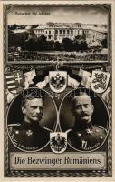 1918 Bucharest, Bukarest, Bucuresti, Bucuresci; Kgl. Schloss. Die Bezwinger Rumäniens, v. Mackensen, v. Falkenhayn / WWI German and Austro-Hungarian K.u.K. military propaganda with coats of arms and flags, Art Nouveau