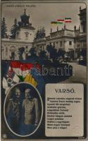 1918 Warszawa, Warschau, Warsaw, Varsó; Királyi palota. II. Vilmos és I. Ferenc József / WWI German and Austro-Hungarian K.u.K. military propaganda with Wilhelm II, Franz Joseph and flags