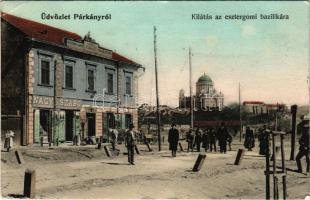 1909 Párkány, Stúrovó; Kilátás az esztergomi bazilika felé, Takarékpénztár, Nagy és Szabó és Steiner Mór üzlete. Pauncz Mór kiadása / savings bank, shops (EK)