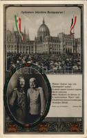 1916 Győzelem örömhíre Budapesten az Országháznál. II. Vilmos és I. Ferenc József / WWI German and Austro-Hungarian K.u.K. military propaganda with Wilhelm II, Franz Joseph, flags and the Hungarian Parliament, Art Nouveau