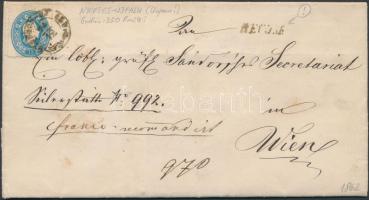 1862 15kr (kopott nyomólemez) + hátoldalon 10kr (levélbontáskor eltépve) ajánlott levélen (teljes tartalommal) / 15kr + 10kr (demaged) on registered cover with full content "NYERGES-UJFALU" (Gudlin 350p) + "RECOM:" - "PESTH" - "WIEN"