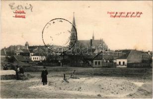 1907 Eszék, Osijek, Essegg; Pogled na gornji grad sa Drave / Oberstadt von der Drau aus / Felsőváros + "BROD-NAGY-KANIZSA 26. SZ." vasúti mozgóposta