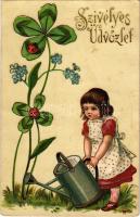 1906 Szívélyes üdvözlet / Greeting card with girl and ladybugs. Emb. litho (b)