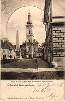 1902 Kolozsvár, Cluj; Óvár Karolina téri Szt. Ferenciek temploma. Berkovits Gyula és társa kiadása / square, monument, church