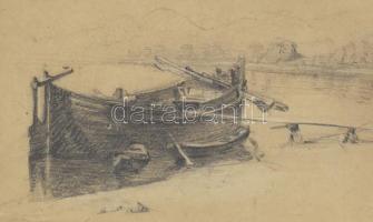 Jelzés nélkül: Vízparti bárka. Ceruza, papír. Dekoratív, üvegezett fakeretben, 10×15,5 cm