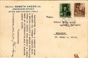 1943 Győr, Bejczi Németh Andor dr. országgyűlési képviselő. Batthyány tér 2. (fl)