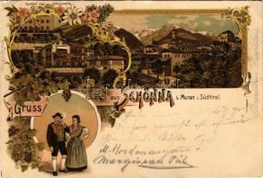 1903 Scena, Schönna bei Meran, Schenna (Sütirol); Gasthof zum Schlosswirth / hotel, folklore. Ottmar Zieher Art Nouveau, floral, litho (EK)