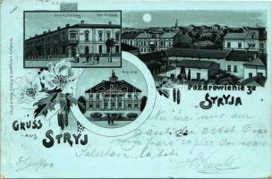 1900 Stryi, Stryj, Strij; Gmach pocztowy, Magistrat / Post office, court, night. Art Nouveau, floral, litho (EB)