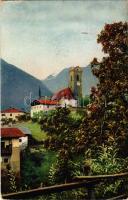 1916 Scena, Schönna bei Meran, Schenna (Sütirol); Dorf und Kirche / village and church (EK)