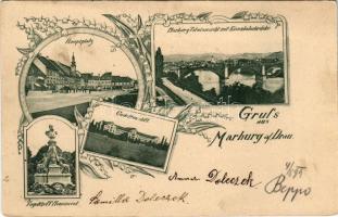 1899 (Vorläufer) Maribor, Marburg a. Drau; Hauptplatz, Eisenbahnbrücke, Gadettenstift, Tegetthoff Monument / main square, railway bridge, statue,abbey. Art Nouveau, floral