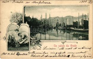 1900 Grado, Costume Gradese, Il Porto / port, ships, folklore. Art Nouveau, floral (EK)