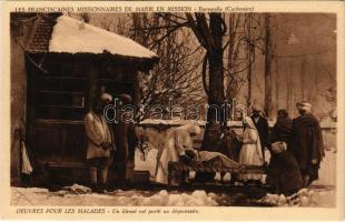 Oeuvres pour les malades. Un blessé est porté au dispensaire. Les Franciscaines Missionnaires de Marie en Mission - Baramulla (Cachemire) / Works for the sick. An injured person is taken to the dispensary. The Franciscan Missionaries of Mary on Mission - Baramulla (Kashmiri)