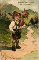 Herzliche Glückwunsch zum Namenstage / Name Day greeting art postcard with boy and roses. litho s: E. Döcker (fl)
