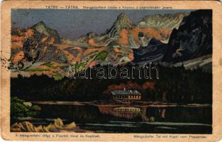 1921 Tátra, Magas-Tátra, Vysoké Tatry; A Menguszfalvi-völgy a Poprádi-tóval és Kopkival. Földes Samu kiadása / Mengsdorfské údolie s Kopkou z popradského jazera / Mengsdorfer Tal mit Kopki vom Poppersee / lake, valley, mountain peak (EB)