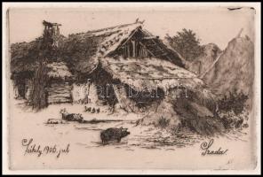 Székely Árpád (1861-1914): Szadai udvar, 1906. Rézkarc, papír, jelzett, Székely Árpád autográf ajánd...