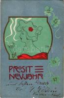 1901 Prosit Neujahr / Újévi szecessziós művészlap, cigarettázó hölgy / New Year Art Nouveau, lady smoking a cigarette s: Carl Józsa (EB)