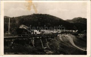 1940 Kovászna, Covasna; faszállító iparvasút Kovászna és Komandó között, gőzmozdony, vonat, vasúti híd, vasutasok / industrial railway, timber transport between Covasna and Comandau, locomotive, train, railway bridge, railwaymen (fl)