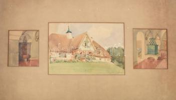 Rauscher Juliska (1888-1947): Buják, a gróf Pappenheim vadászkastély látképe és enteriőrje, 1920-as évek. Akvarell, papír, jelzett, paszpartuban, 12×10 cm, 17x24 cm és 13x11 cm. Apró felületi sérülésekkel A kastély később leégett.