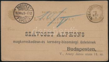 1892 2kr díjjegyes nyomtatott levelezőlap "NYERGES-UJFALU" - Budapest