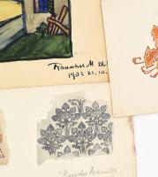 Rauscher Mariska (1872-1936), 3 db mű: Szecessziós rajzok (táj és ornamentikák). Akvarell, papír, mi...