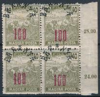 Baranya 1919 Magyar Posta 40f ívszéli 4-es tömb eltolódott felülnyomással, Bodor vizsgálójellel (rövid fogak / short perfs.)