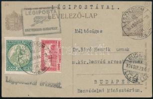 1924 Díjjegyes légi levelezőlap 2000K + Koronás Madonna 5000K kiegészítéssel "ESZTERGOM" - Budapest