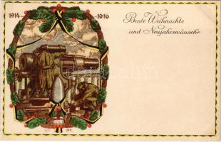 1914-1916 Beste Weihnachts und Neujahrswünsche! Offizielle Karte für Rotes Kreuz, Kriegsfürsorgeamt Kriegshilfsbüro No. 602. / WWI Austro-Hungarian K.u.K. military Christmas and New Year greeting art postcard with artillery cannon. Art Nouveau, litho s: Alfred Offner