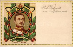 1914-1916 Beste Weihnachts und Neujahrswünsche! Offizielle Karte für Rotes Kreuz, Kriegsfürsorgeamt Kriegshilfsbüro No. 597. / WWI Austro-Hungarian K.u.K. military Christmas and New Year greeting art postcard with Charles I of Austria. Art Nouveau, litho s: Alfred Offner