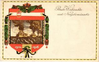 1914-1916 Beste Weihnachts und Neujahrswünsche! Offizielle Karte für Rotes Kreuz, Kriegsfürsorgeamt Kriegshilfsbüro No. 600. / WWI Austro-Hungarian K.u.K. military Christmas and New Year greeting art postcard with K.u.K. Kriegsmarine battleships and naval flag. Art Nouveau, litho s: Alfred Offner (EK)