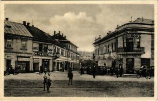 Huszt, Chust, Khust; Prícná ulice / Központi szálloda, Korona szálloda és étterem, David Herskovits üzlete / street view, hotels, shops