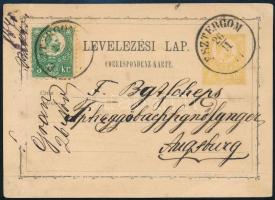 1871 2kr díjjegyes levelezőlap Réznyomat 3kr kiegészítéssel, hátoldalon kék érkezési bélyegzéssel "ESZTERGOM" - Augsburg