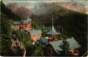 1912 Tátra, Magas-Tátra, Vysoké Tatry; Tarpatakfüredi szálloda, Középoromtorony, Lomnici-csúcs. Franz Pietschmann / Wildbad Kohlbach / hotel, spa, mountain peaks (EM)