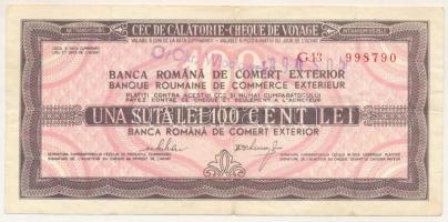 Románia 1989. "Banca Romana de Comert Exterior" utazási csekk 100L értékben, felülbélyegzésekkel T:F Romania 1989. "Banca Romana de Comert Exterior" travellers cheque about 100 Lei value with overprints, C:F