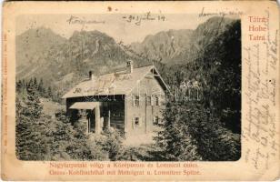 1903 Tátra, Magas-Tátra, Vysoké Tatry; Nagytarpataki völgy, Középorom és Lomnici csúcs, Zerge szálloda. Franz Pietschmann kiadása / Gross-Kohlbachtal mit Mittelgrat u. Lomnitzer-Spitze / hotel, mountain peaks (Rb)