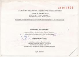 1995. "Centrum Áruházak Rt." vásárlási utalványa 1000Ft névértékekben, hátoldalán pecsétel...