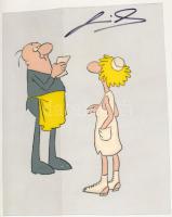 Jankovics Marcell (1941-2021): Figurák a Gusztáv rajzfilmből. Jelzett, Vegyes technika, műanyag film. 20x16 cm Hozzá a jelenet nyomtatott háttere