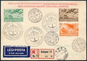 1938 Ajánlott légi levelezőlap Esztegom - Budapest hajópostával, Budapest - Berlin első közvetlen légiposta járattal