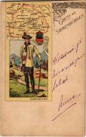 1899 (Vorläufer) Gruss aus Siebenbürgen! / Üdvözlet Erdélyből! szecessziós térkép népviselettel és címerrel / Greetings from Transylvania! Art Nouveau litho map with folklore and coat of arms