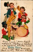 1929 Boldog újévet! Gyerek zenekar / New Year greeting, children music band - litho (fa)