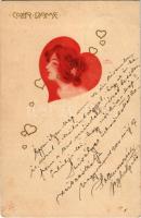 1900 Coeur Dame / Art Nouveau lady with hearts. E.S.D.B. litho s: Carl Józsa (fl)