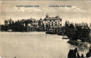 1908 Tátra, Magas-Tátra, Vysoké Tatry; Csorba-tó Új szálloda a tó felől, horgászó férfi. Quirsfeld János kiadása / Strbské pleso / Csorba-See Grand Hotel / lake, hotel, fishing (EK)