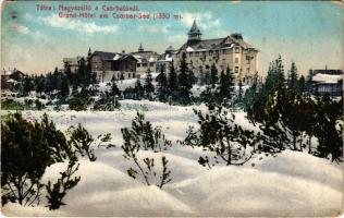 1916 Tátra, Magas-Tátra, Vysoké Tatry; Nagyszálló a Csorba-tónál télen. Cattarino S. utóda Földes Samu kiadása / Strbské pleso / Grand Hotel am Csorber-See / hotel near the lake in winter (ázott / wet damage)