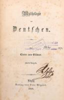 Claire von Glümer: Mythologie der Deutschen. Leipzig, 1858, Otto Wigan, 256 p. Német nyelven. 2. kiadás. Átkötött félvászon-kötésben, kopott borítóval, szakadt címlappal, régi intézményi bélyegzésekkel, (névbejegyzéssel a címlapon?) Rezsőfy György szárazbélyegzőjével és - - könyveiből bejegyzéssel.   [?Rezsőfy György (1843-1908) Csorna-premontrei kanonok, tanár, régiségtári őr.?]