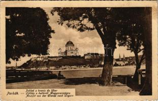 1924 Párkány, Parkan, Stúrovo; látkép a határról Magyarországra, esztergomi bazilika. Gondos Vilmos kiadása / Ansicht von der Grenze nach Ungarn / Pohled z hranic do Uher / view from the Slovakian-Hungarian border, basilica in Esztergom (fl)